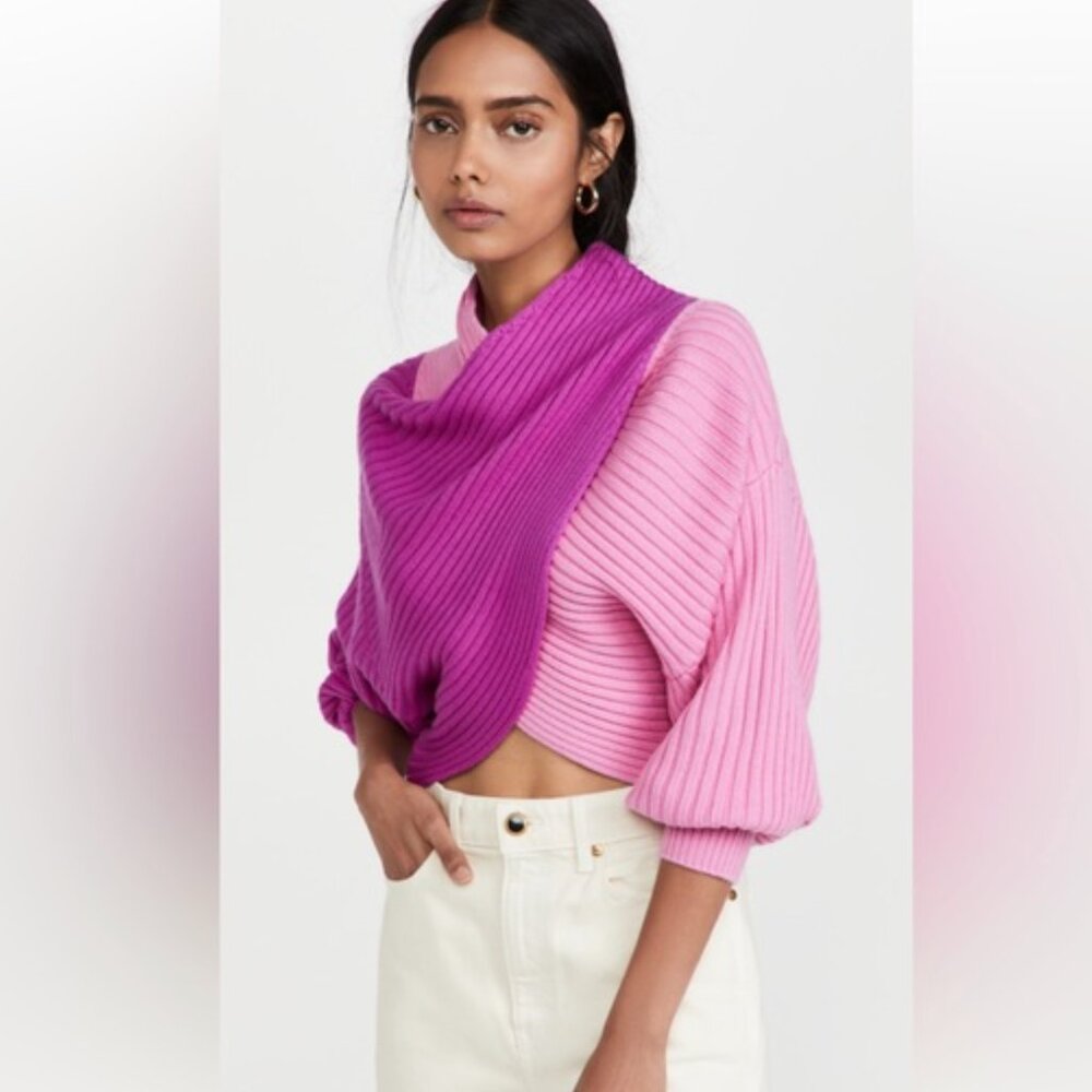 NWT Revolve AMUR Milena Cropped Rib Knit Sweater Pink Fuchsia Wool M